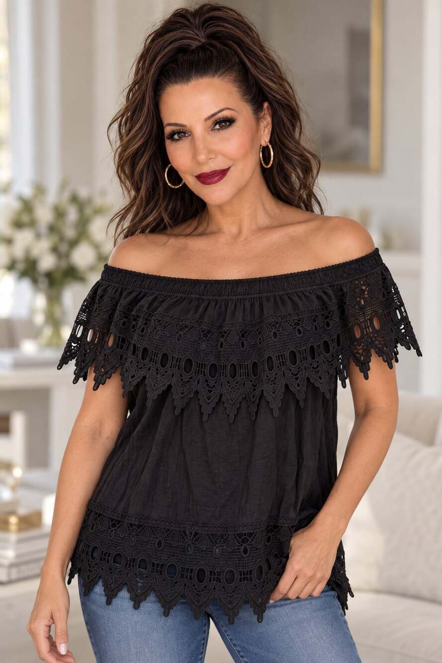 International Concepts INC Black Off-the-Shoulder Lace Trim Ruffle Top